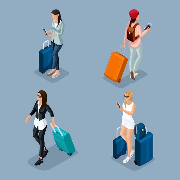 Trendy People Isometric vector 3D adolescent, une jeune fille dans une veste en cuir, pantalon en cuir, vêtements élégants, fille cool, voyageur, vacances, aéroport, bagages, téléphone internet réseaux sociaux — Image vectorielle