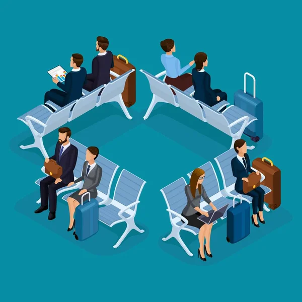Trendy People Isométrico vector 3D hombres de negocios y mujeres de negocios en el aeropuerto en la sala de espera, vista frontal vista trasera, equipaje, viajes aislados en un b azul — Vector de stock
