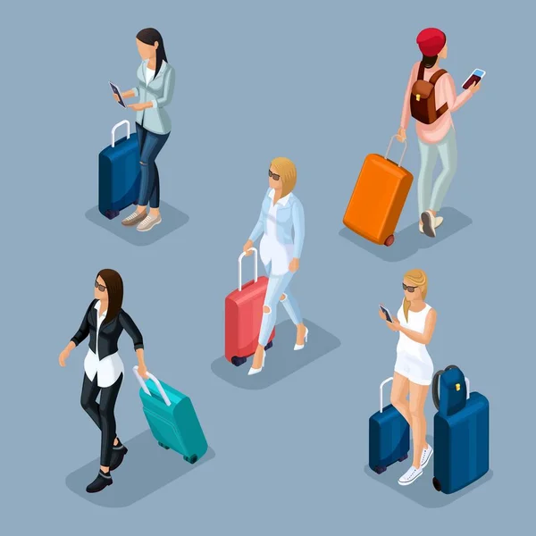 Trendy People Isometric vector 3D teenager, a young girl in a leather jacket, leather pants, stylish clothes, cool girl, traveler, vacation, airport, baggage, phone internet social networks Stock Vector