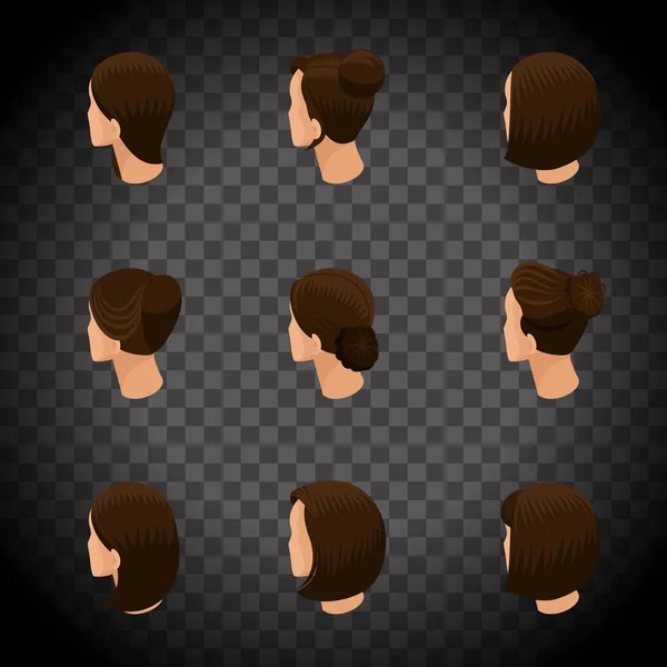 Ensemble isométrique d'avatars 3D, coiffures féminines, coiffures tendance, coiffure tendance, vue arrière sur un fond transparent. Illustration vectorielle — Image vectorielle