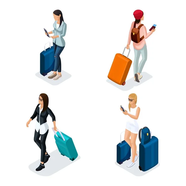 Trendy People Isometric vector 3D teenager, a young girl in a leather jacket, leather pants, stylish clothes, cool girl, traveler, vacation, airport, baggage, phone internet social networks Stock Vector