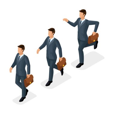 Trendy izometrik insanlar, 3d işadamları, hareket koşu, hızlı adım, hedef başarı, beyaz arka plan üzerinde izole evrak çantası ile genç işadamı