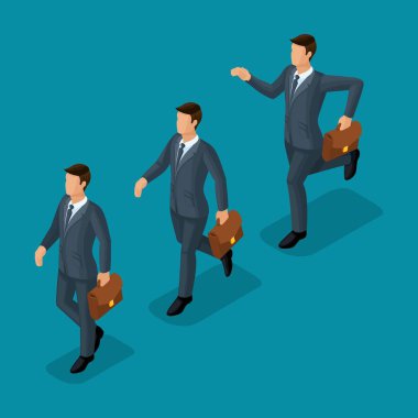 Trendy izometrik insanlar, 3d işadamları, hareket koşu, hızlı adım, hedef başarı, parlak mavi bir arka plan üzerinde izole evrak çantası ile genç işadamı