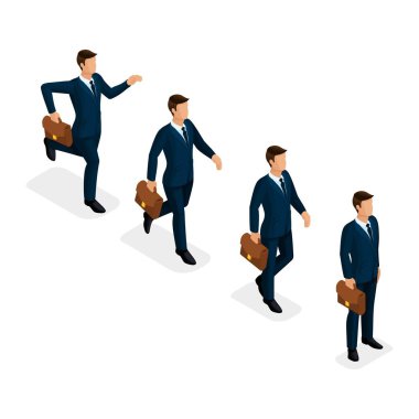 Trendy izometrik insanlar vektör, 3d işadamları, koşma, hızlı adım, fikir, hareket, hedef başarı, iş sahne, genç işadamı beyaz arka plan üzerinde izole