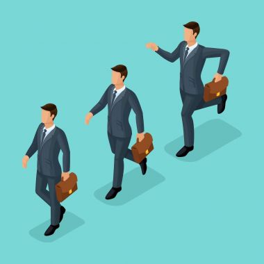 Trendy izometrik insanlar vektör, 3d işadamları, hareket koşu, hızlı adım, fikir, hedef başarı, üzerinde mavi arka plan izole evrak çantası ile genç işadamı