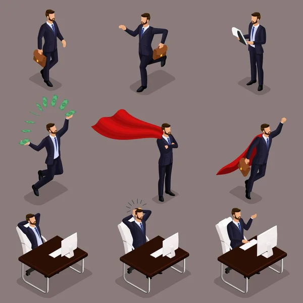 Trendy isometric vector people, 3d businessmen jumping, running, idea, joy, throwing money, business scene, young businessman on a dark background — Stock Vector