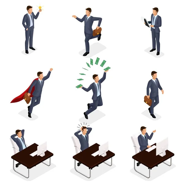 Trendy isometric vector people, 3d businessmen jumping, running, idea, joy, business scene, connected to a young businessman isolated on white background — Stock Vector