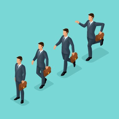 İzometrik insanlar vektör, moda 3d işadamları, koşma, hızlı adım, fikir, hareket, hedef başarı, iş sahne, mavi bir arka plan üzerinde genç işadamı