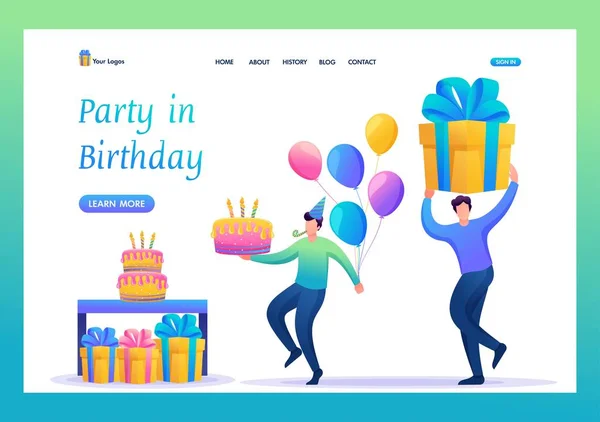 Fiesta de cumpleaños con amigos. La gente lleva regalos, pasteles y globos. Ilustración viva. Carácter 2D plano. Conceptos de landing page y diseño web — Archivo Imágenes Vectoriales