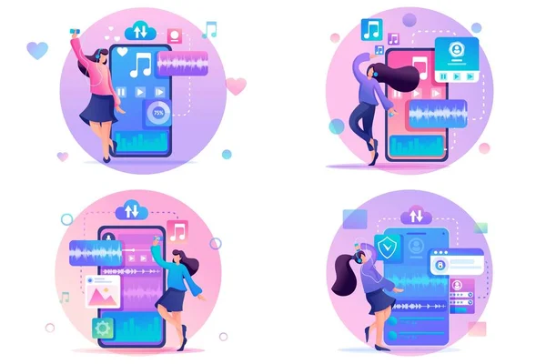 Set 2D Conceptos planos Chicas jóvenes escuchan y bailan música, pistas favoritas en la lista de reproducción. Para el concepto para el diseño web — Vector de stock