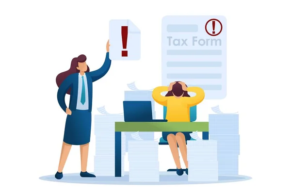Αγχώδης κατάσταση του γραφείου, Συμπλήρωση της φορολογικής φόρμας, προθεσμία για την υποβολή φορολογικών δηλώσεων. Επίπεδος 2ος χαρακτήρας. Έννοια για σχεδιασμό ιστοσελίδων — Διανυσματικό Αρχείο