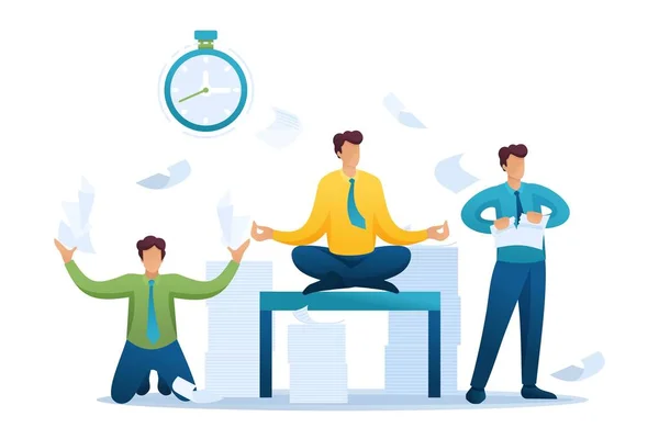 Stresová situace v kanceláři, zaměstnanci, kteří pobíhají kolem, řeší problémy, meditují. Byt 2d charakter. Koncepce pro web design — Stockový vektor