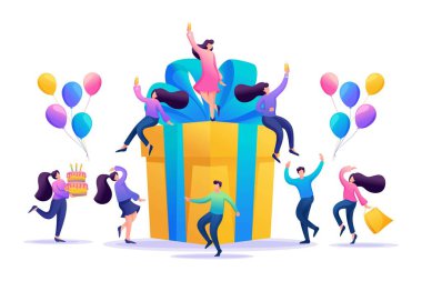 Arkadaşlarla büyük bir doğum günü partisi. İnsanlar kutlama yapar, şampanya içer ve büyük bir hediyeyle eğlenir. Düz 2D karakter. Web tasarımı için kavram