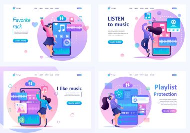 2d düz kavramları ayarla. Genç kızlar müzik dinler ve dans eder. Çalma listesindeki favori parçalar. İniş sayfası kavramları ve web tasarımı için