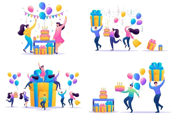 Definir conceitos planos Comemore a festa de aniversário com amigos. Aniversário confetti com personagens 2D engraçados felizes. Para conceito de web design —  Vetores de Stock