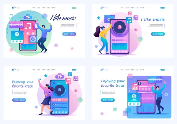 设置2d平面概念年轻人、青少年听并跳他们最喜欢的音乐。 登陆网页概念及网页设计 — 图库矢量图片