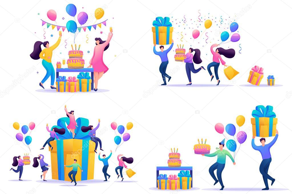 Set Flat concepts Celebrate birthday Party with friends. Anniversary confetti with happy funny 2D characters. For Concept for web design