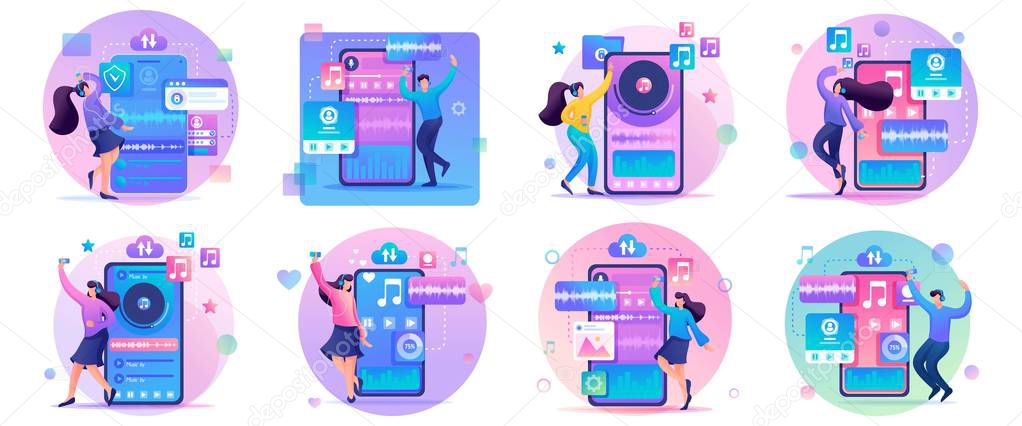 Large Set 2D Flat concepts Young people, teenagers listen and dance to their favorite music. For Landing page concepts and web design