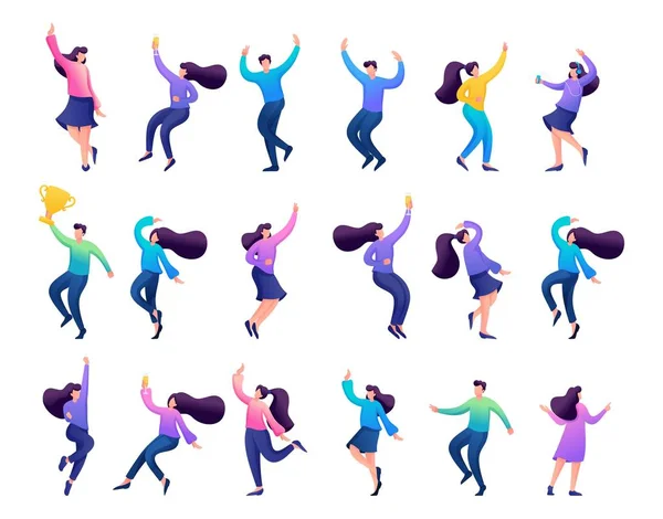 Ensemble de concepts de célébrer les gens, danser, rebondir, heureux, profiter — Image vectorielle