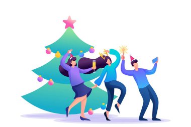 Gençler Noel ağacının yanında eğleniyor, gülüyor, dans ediyor, fotoğraf çekiyor. Düz 2D karakter. Web tasarımı için kavram