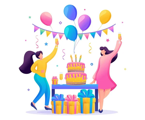 Festa de aniversário com amigos. As pessoas carregam presentes, balões, um grande bolo com velas, dançar e comemorar o feriado. Caráter 2D plano. Conceito para web design —  Vetores de Stock