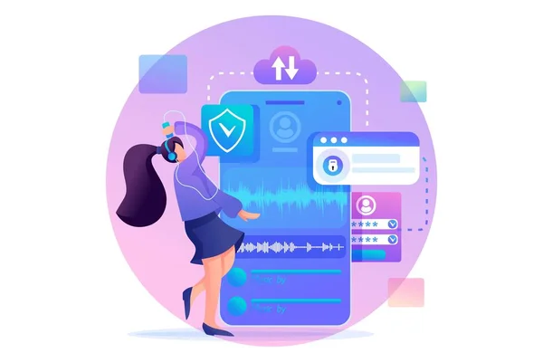 Young teenage girl listens to music using a protected playlist. Flat 2D character. Concept for web design — Stock Vector
