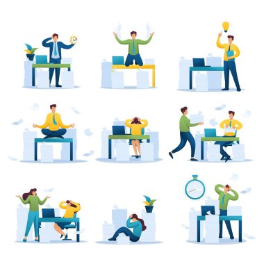 Stresli bir durumdaki girişimcilerle ilgili bir dizi mini iş kavramı, kağıtların analizi, vergi doldurma. Web tasarımı için