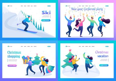 2d düz kavramları belirleyin. Gençler Noel tatillerinde dinleniyor, kış eğlencelerinde. İniş sayfası kavramları ve web tasarımı için