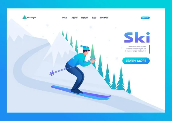Genç adam Noel tatilinde kayak yapıyor, kış eğlencesi. Düz 2D karakter. İniş sayfası kavramları ve web tasarımı — Stok Vektör
