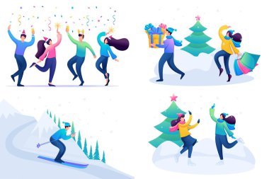 2d düz kavramları belirleyin. Gençler Noel tatillerinde dinleniyor, kış eğlencelerinde. Web tasarımı için kavram