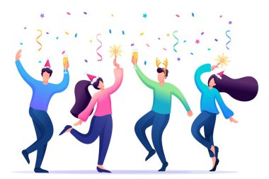 Yılbaşı partisindeki gençler dans ediyor, eğleniyorlar. Düz 2D karakter. Web tasarımı için kavram