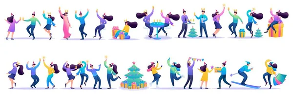 Conjunto de conceitos férias pessoas, celebração de Natal, dança, felicidade, alegria — Vetor de Stock