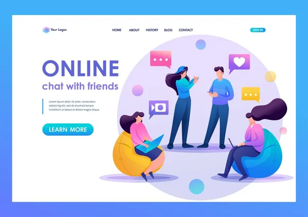 Amigos correspondem on-line, bate-papo, compartilhar notícias e impressões, amizade. Caráter 2D plano. Conceitos de landing page e web design — Vetor de Stock