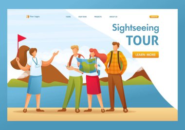 Turistler şehir turnesinde, rehber ülke manzaralarını anlatıyor. Düz 2D karakter. İniş sayfası kavramları ve web tasarımı