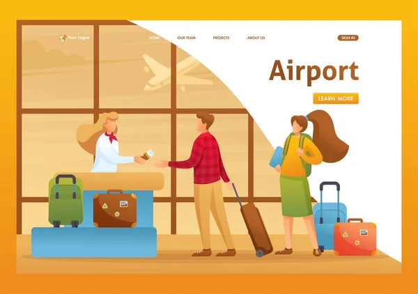 Passageiros são check-in para um voo, férias, voo para outro país. Caráter 2D plano. Conceitos de landing page e web design —  Vetores de Stock