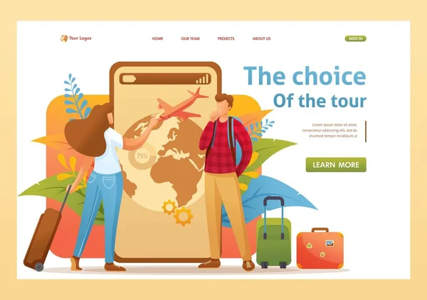 Young people plan their trip on vacation, choose the direction. Flat 2D character. Landing page concepts and web design — Stock Vector