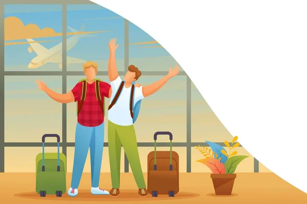 Amigos disfrutan de la oportunidad de viajar, los hombres en el aeropuerto. Carácter 2D plano. Concepto de diseño web — Vector de stock