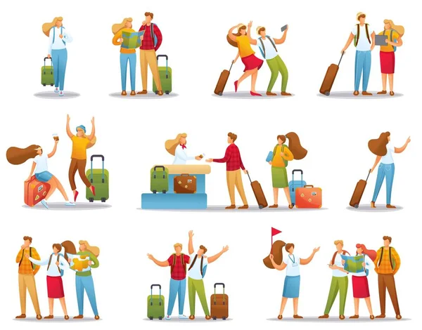 Állítsa be fogalmak emberek nyaralás, nyaralás, a repülőtéren, a turisták kirándulások — Stock Vector