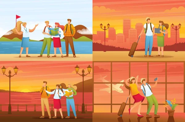 Touristen im Urlaub, besichtigen die Sehenswürdigkeiten. flache 2D-Zeichen. Illustrationskonzept für Animation und Webdesign — Stockvektor