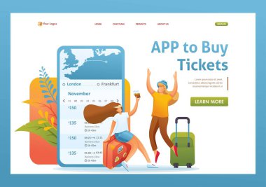 Turistlerin kız arkadaşları mobil başvurulardan bilet almış. Düz 2D karakter. İniş sayfası kavramları ve web tasarımı