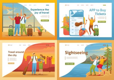Tatilde, havaalanında, gezintilerde, turistlere 2D konsept ayarla. İniş sayfası kavramları ve web tasarımı için
