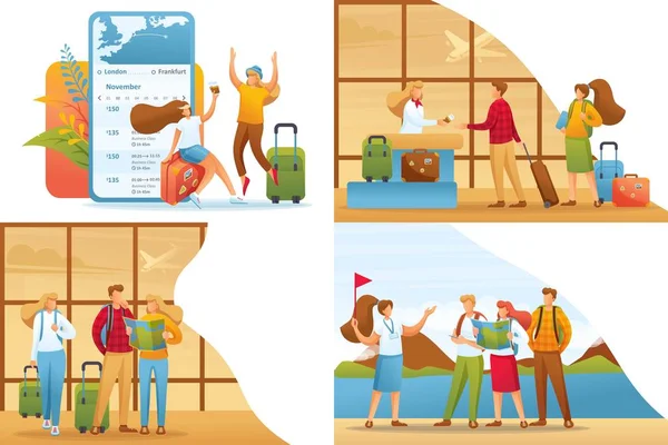 Definir 2D Conceitos planos turistas em férias e no aeroporto. Para conceito de web design —  Vetores de Stock