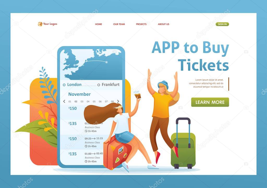 Girlfriends tourists bought tickets through a mobile application. Flat 2D character. Landing page concepts and web design