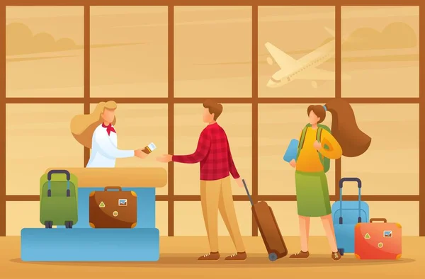 Los pasajeros se registran para un vuelo, vacaciones, vuelo a otro país. Carácter 2D plano. Concepto de ilustración para animación y diseño web — Vector de stock