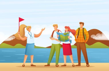 Turistler şehir turnesinde, rehber ülke manzaralarını anlatıyor. Düz 2D karakter. Animasyon ve web tasarımı için illüstrasyon kavramı
