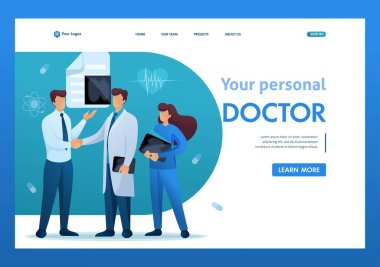 Doktor hastayla iletişim kuruyor. Sağlık hizmeti konsepti. Düz 2D karakter. İniş sayfası kavramları ve web tasarımı