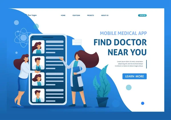 Aplicación móvil para buscar médicos cercanos con usted. Carácter 2D plano. Conceptos de landing page y diseño web — Vector de stock