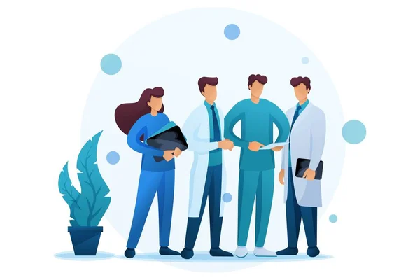 Doktorlar hastanın durumunu tartışıyor, tıbbi kayıtları inceliyorlar. Düz 2D karakter. Web tasarımı için kavram