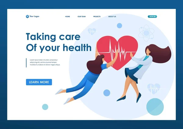 Womens holding a beating heart personifying the care of about the health of the patient. Flat 2D character. Landing page concepts and web design — ストックベクタ
