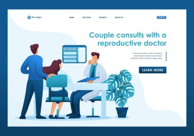 Doktor randevusundaki evli bir çift üreme uzmanı, jinekolog danışmanı. Düz 2D karakter. İniş sayfası kavramları ve web tasarımı